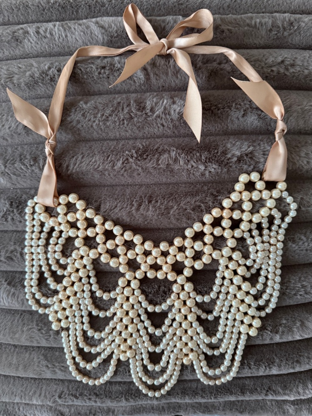 Pearl Bib Necklace with Champagne Ribbon Tie